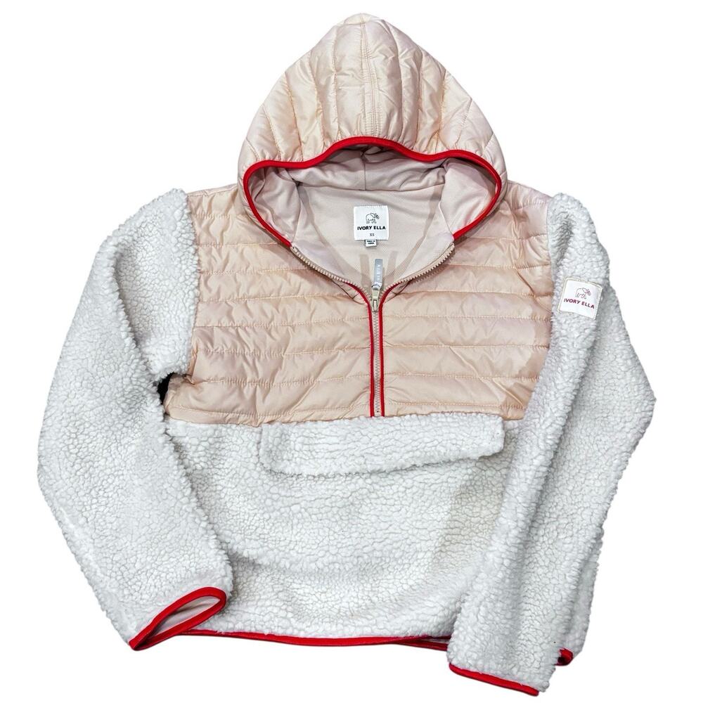 IVORY ELLA Sherpa Fleece Pullover Hoodie Jacket Front Pouch XS Peach & Cream